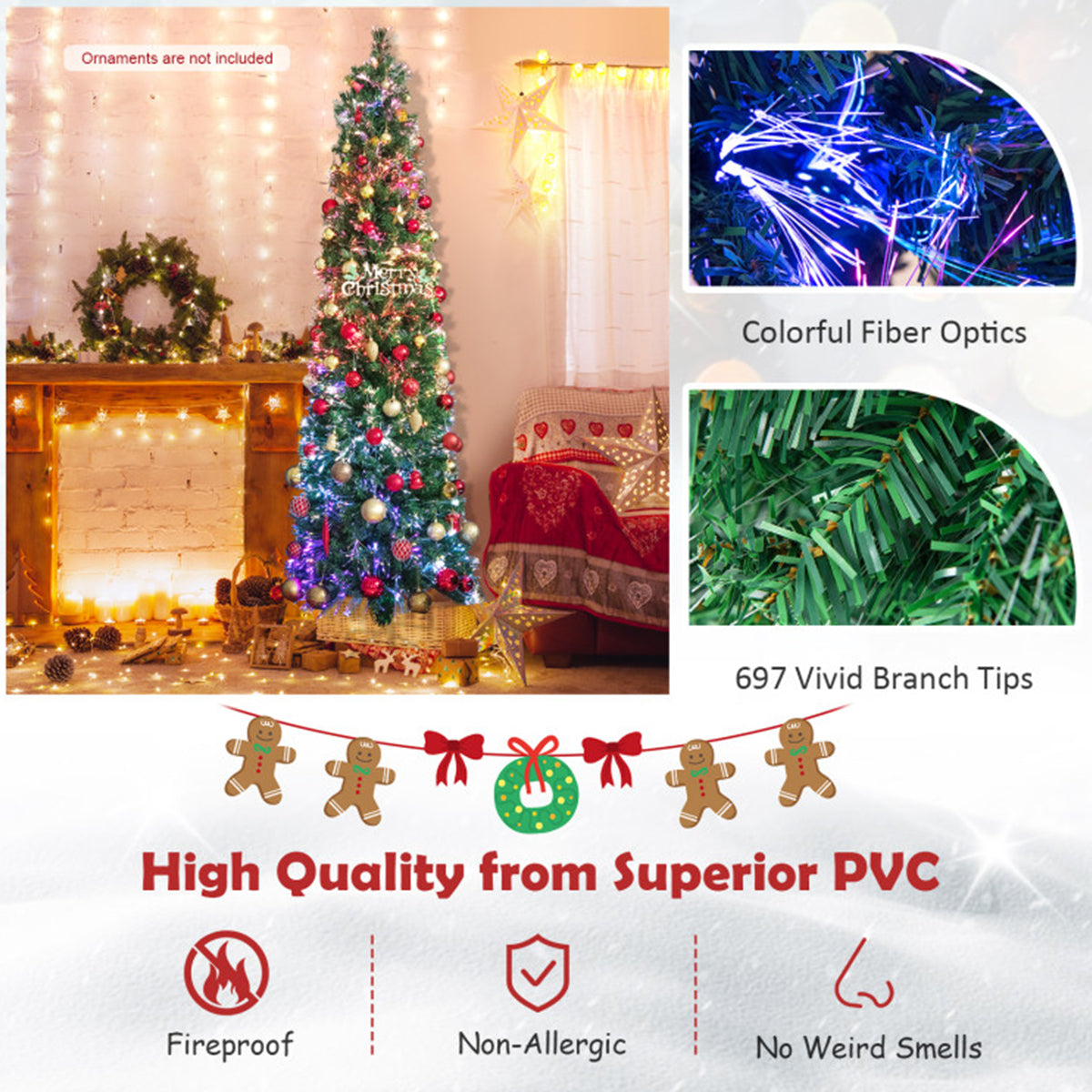 7' Pre-lit Artificial Pencil Christmas Tree with Fiber Optics