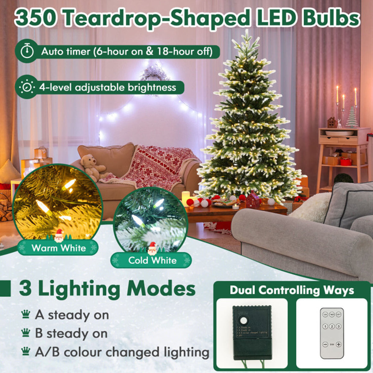 Snowy Tipped Pre-Lit Hinged Christmas Tree with Remote Control