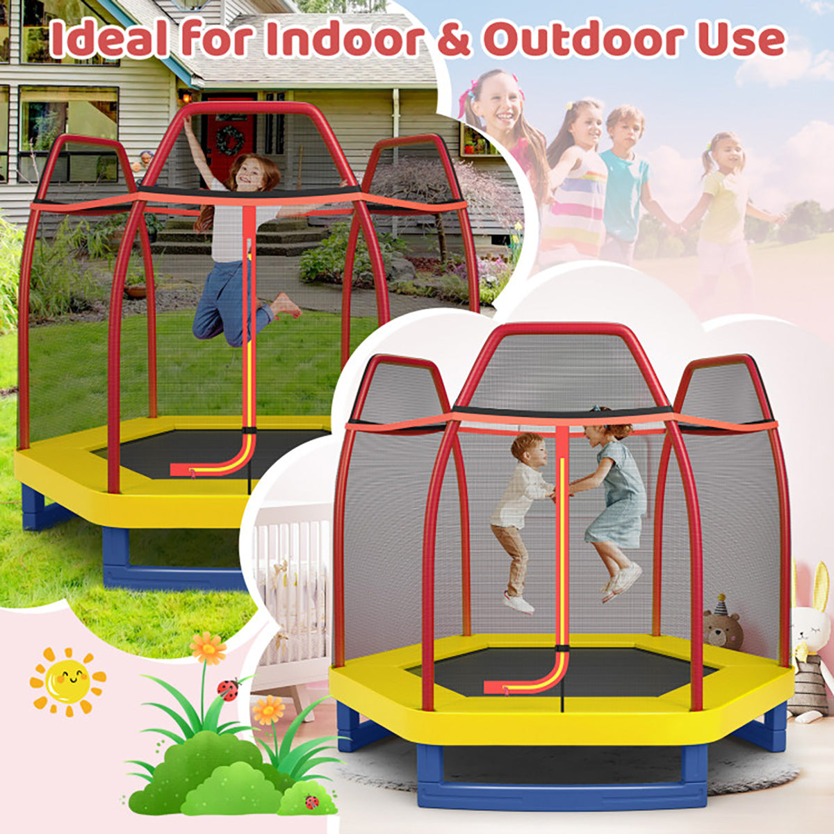 7' Kids Bounce Jumper Trampoline with Enclosure