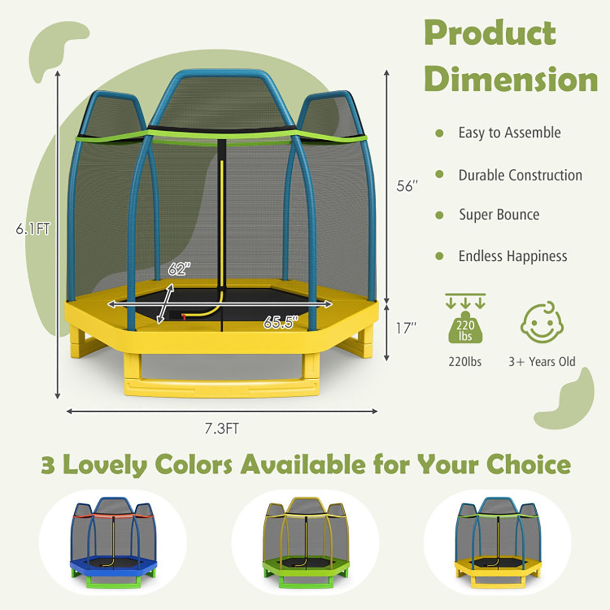 7' Kids Bounce Jumper Trampoline with Enclosure