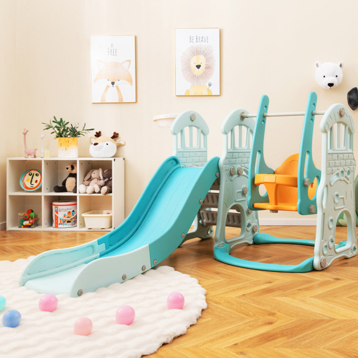 Set de tobogán y columpio 3 en 1 para niños pequeños con aro de baloncesto