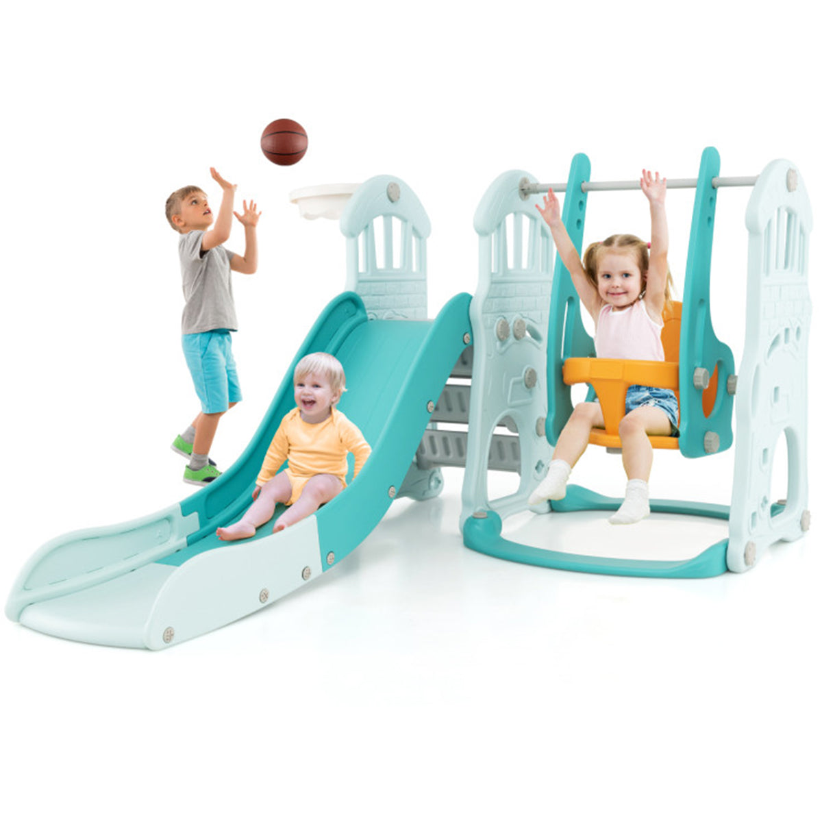 Set de tobogán y columpio 3 en 1 para niños pequeños con aro de baloncesto
