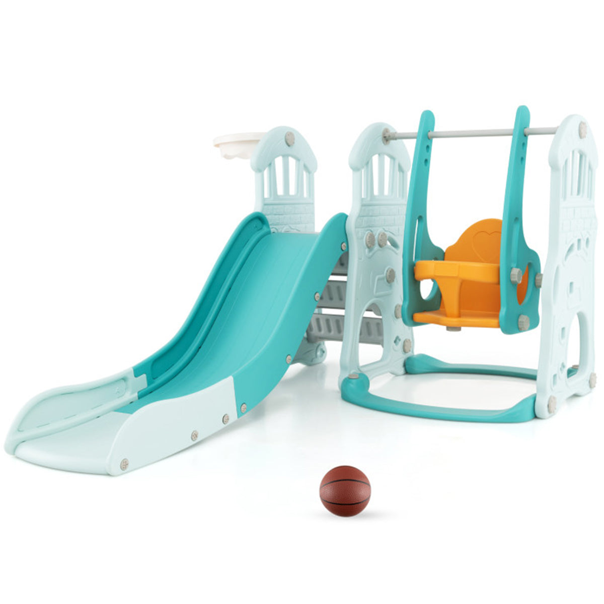 Set de tobogán y columpio 3 en 1 para niños pequeños con aro de baloncesto