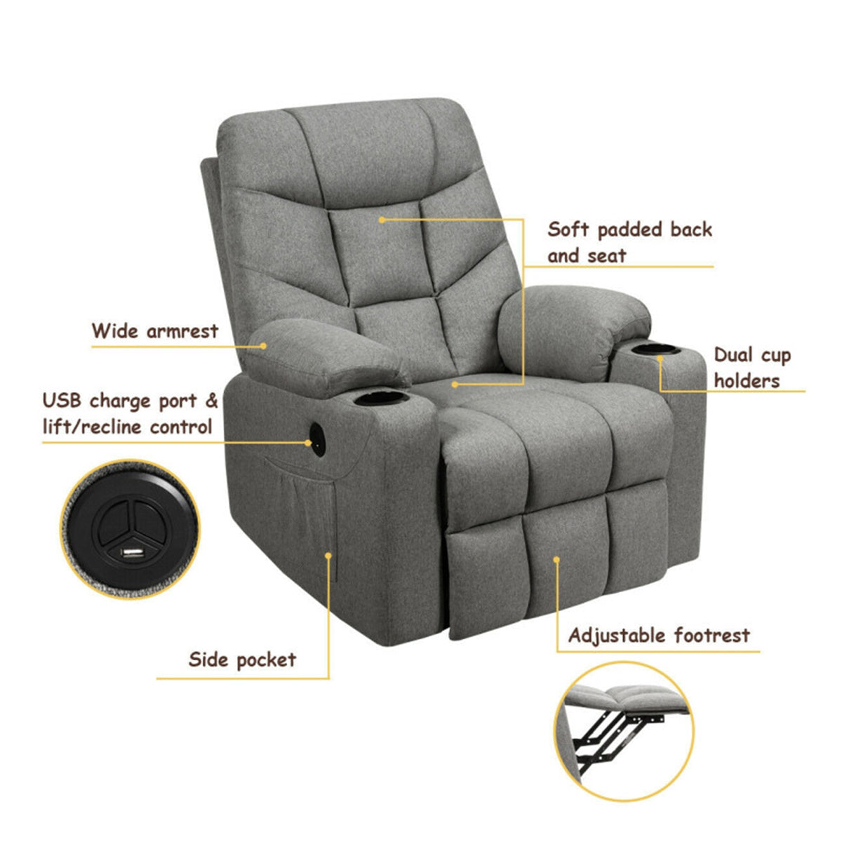 Sillón reclinable de masaje con calefacción y elevación eléctrica