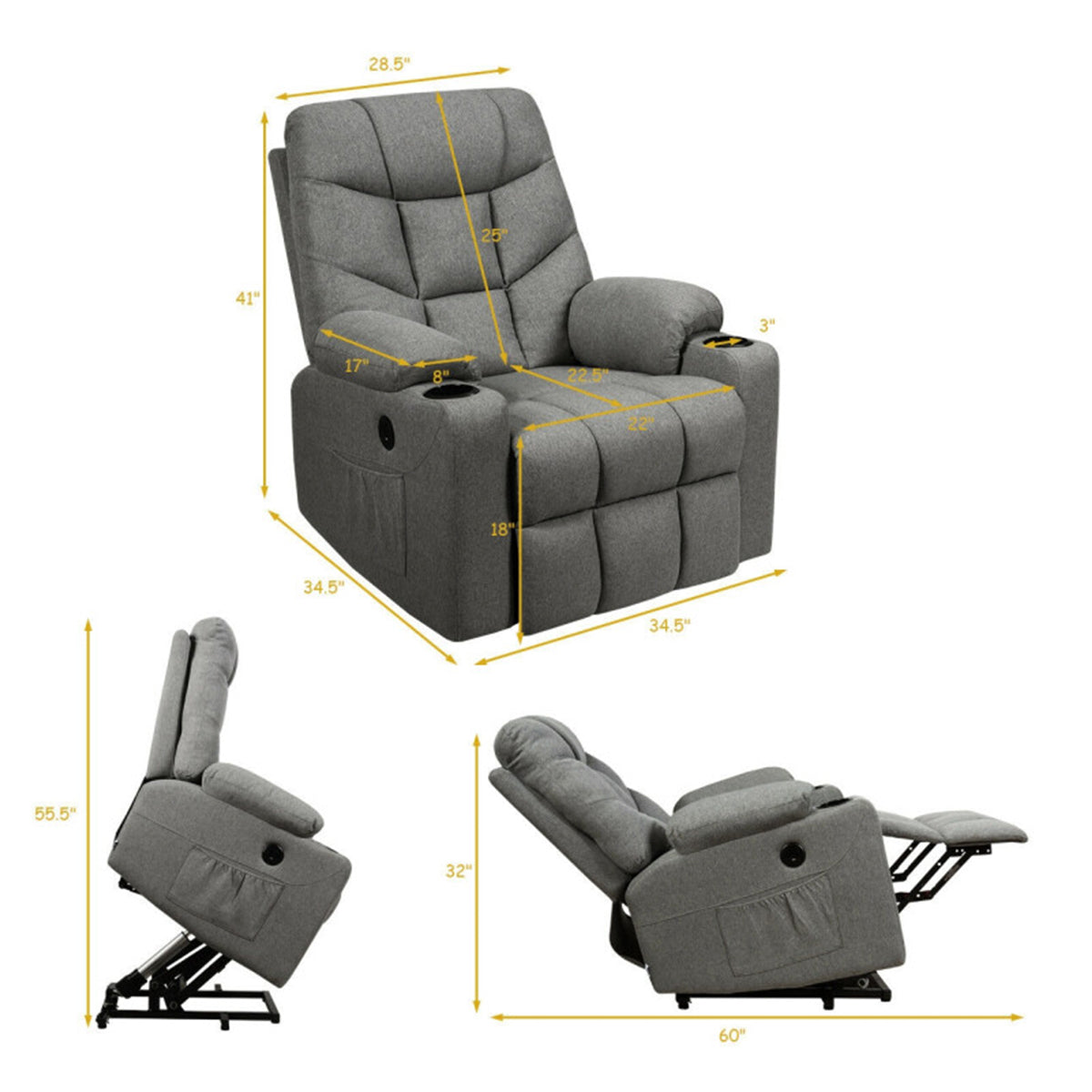 Sillón reclinable de masaje con calefacción y elevación eléctrica