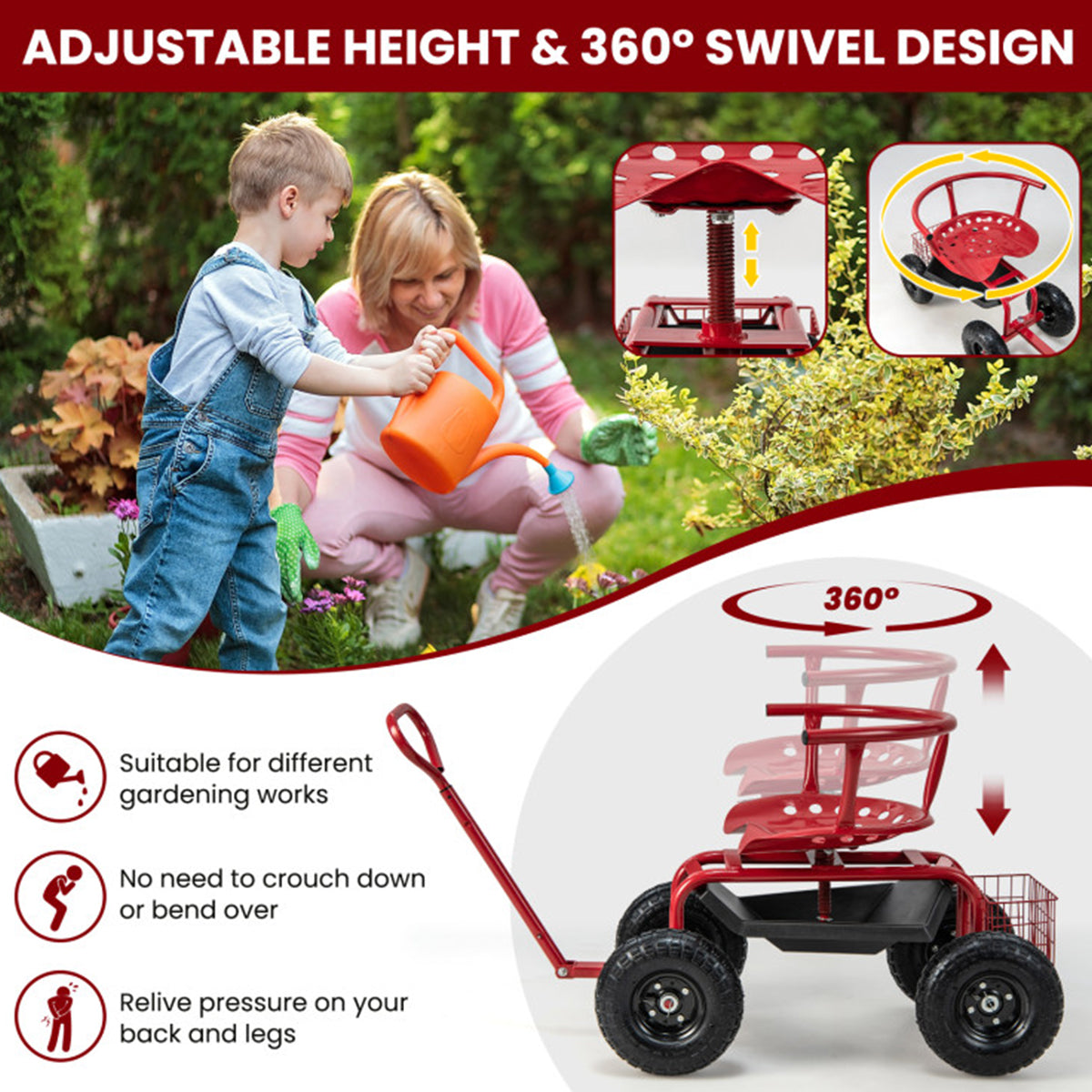 Gepolsterter rollbarer Gartenwagen mit Drehsitz