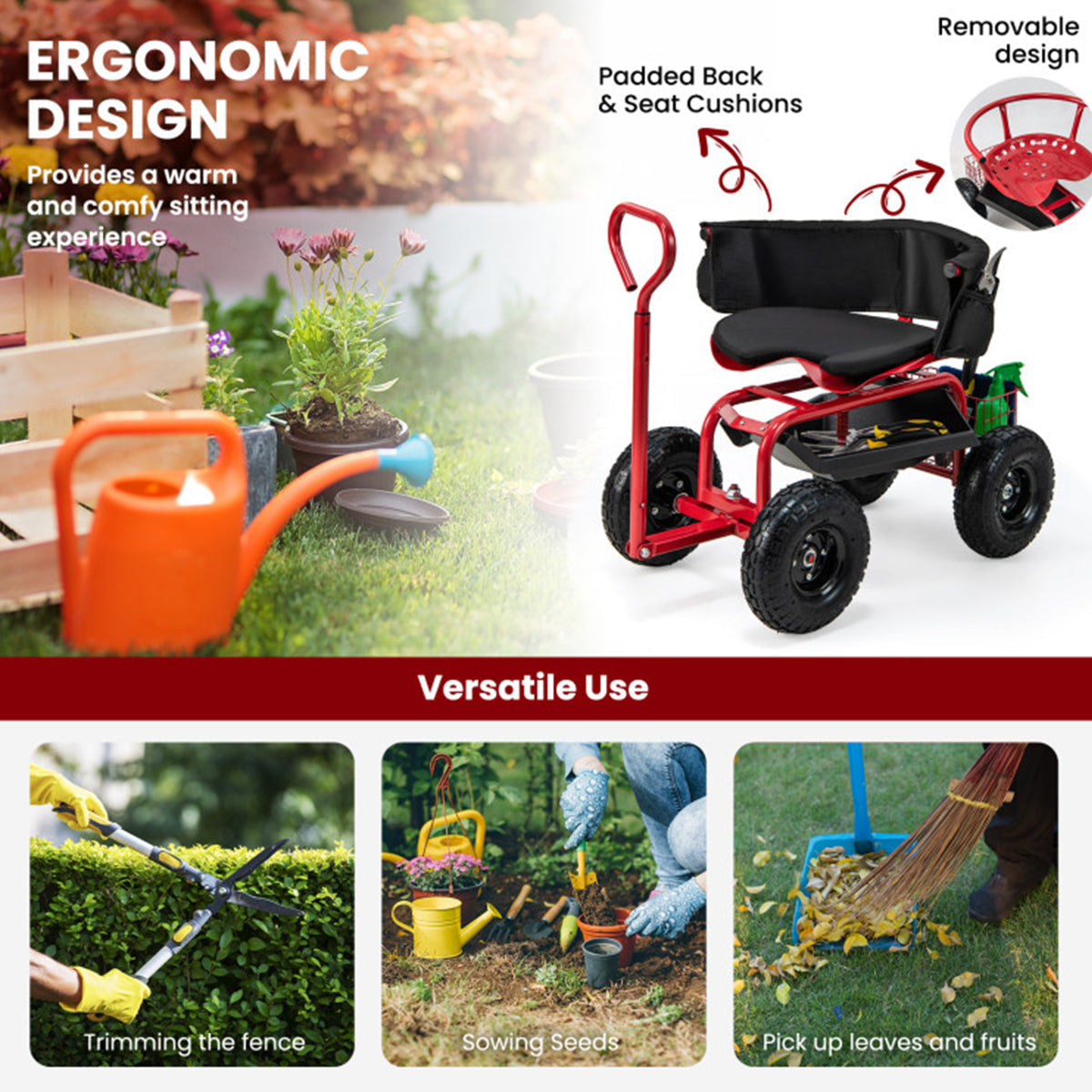 Gepolsterter rollbarer Gartenwagen mit Drehsitz