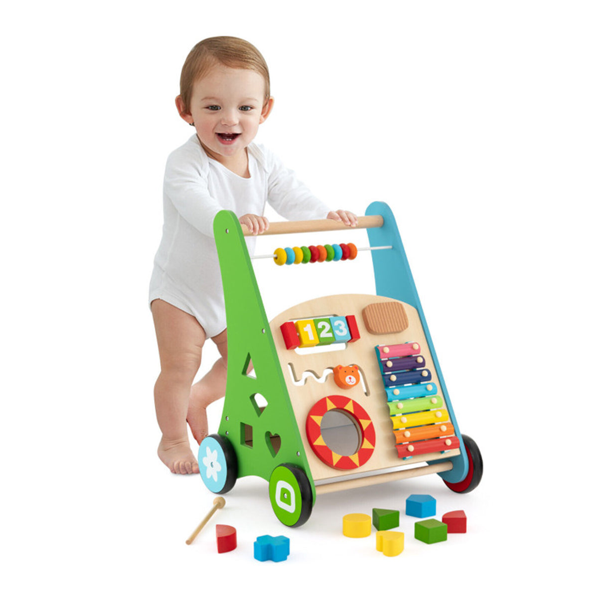 Houten loopwagen met activiteitenbord