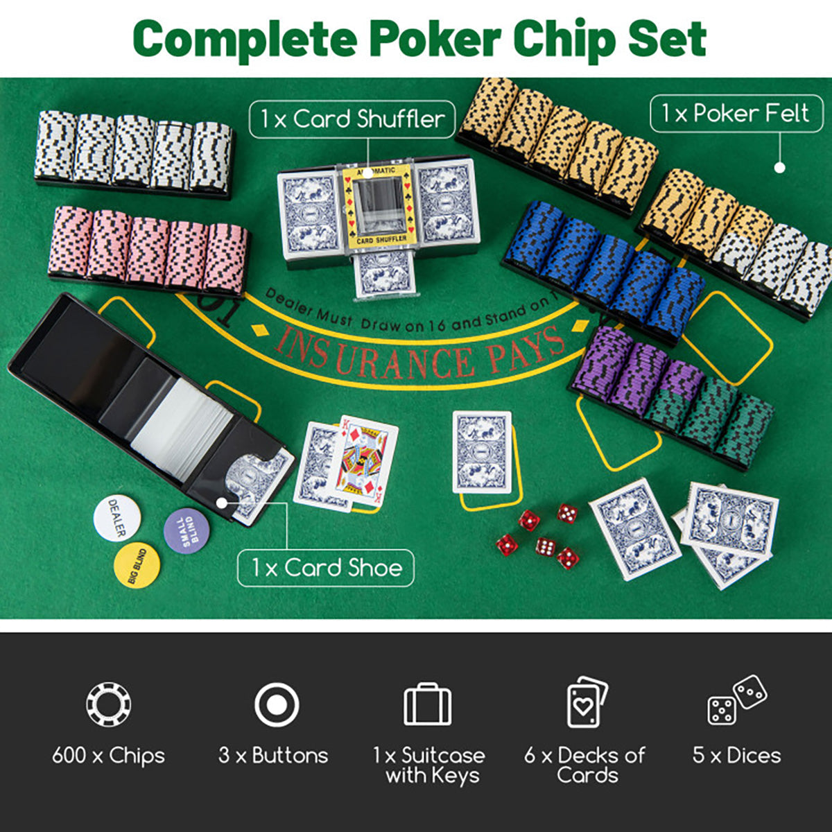600-delige pokerset met fiches en spelaccessoires