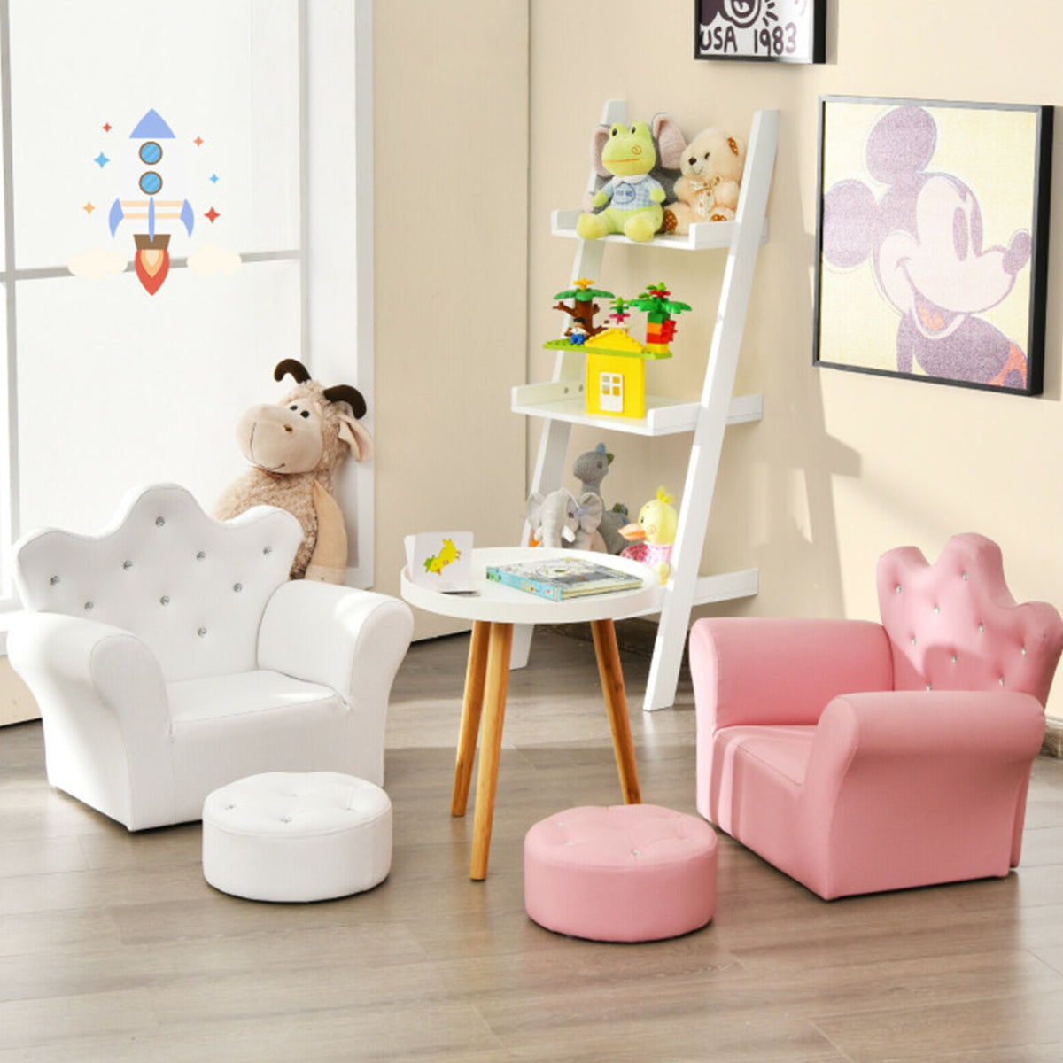 Sofá de princesa para niños con otomana