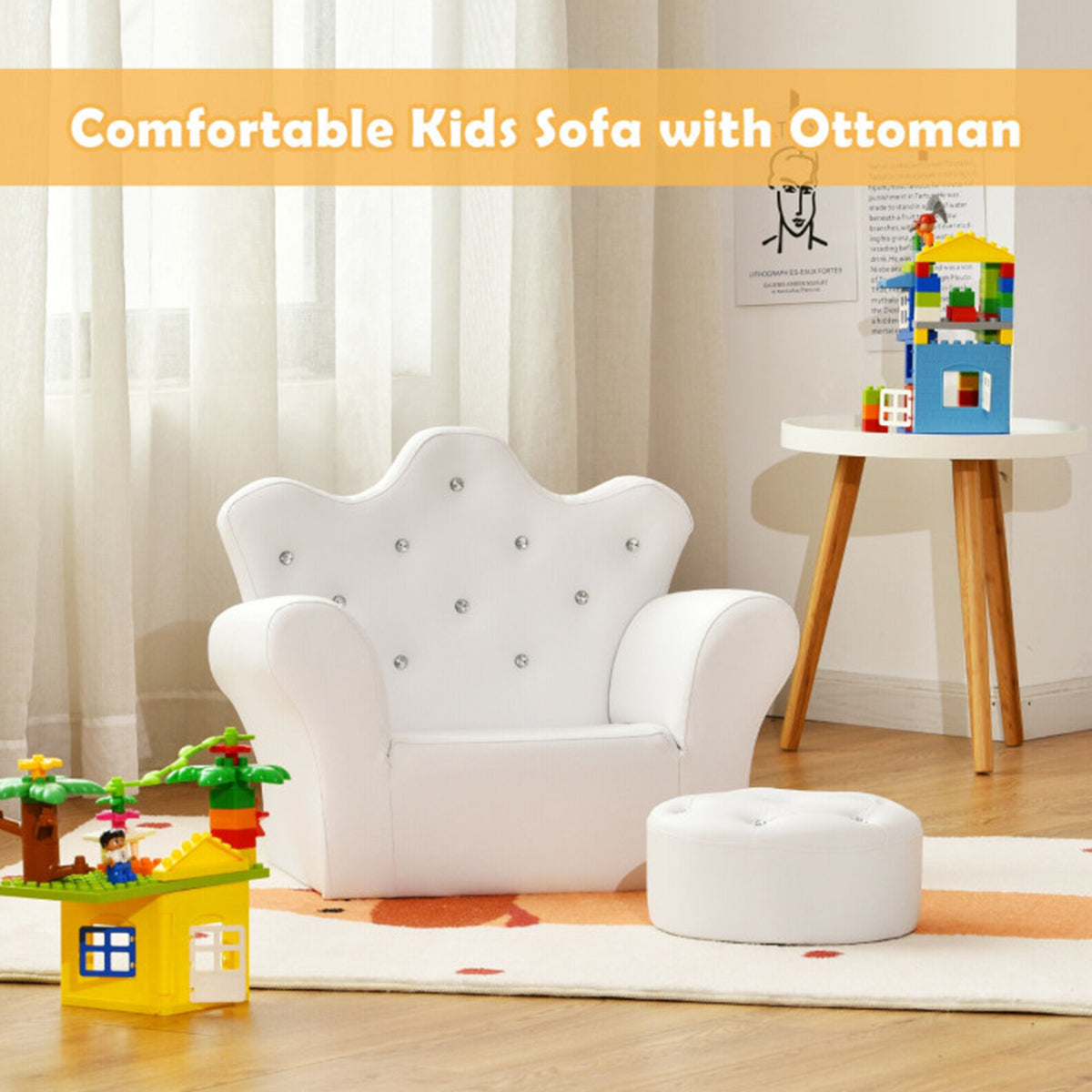 Sofá de princesa para niños con otomana