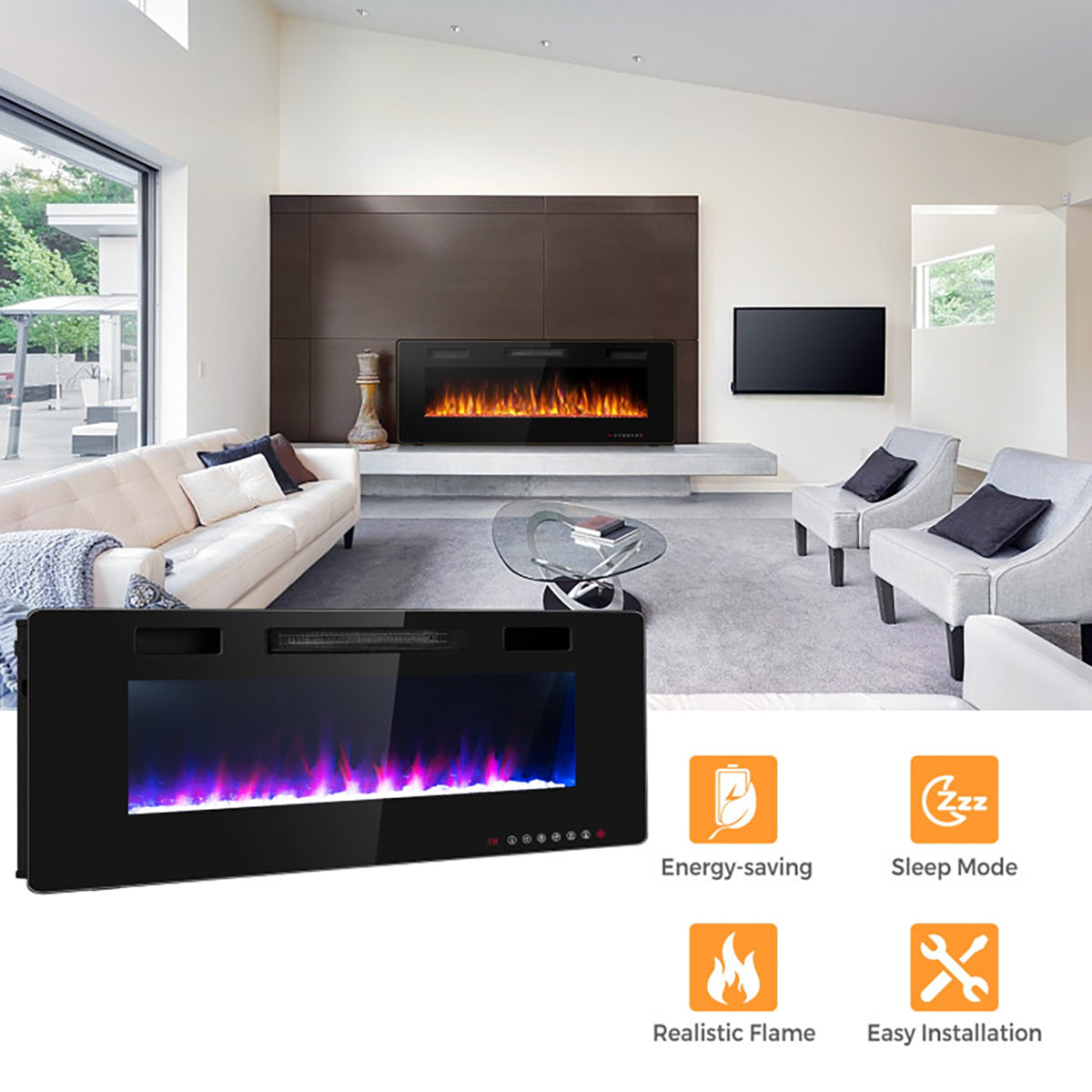 60'' ultraflacher elektrischer Kamin zum Wandeinbau oder zur Wandmontage