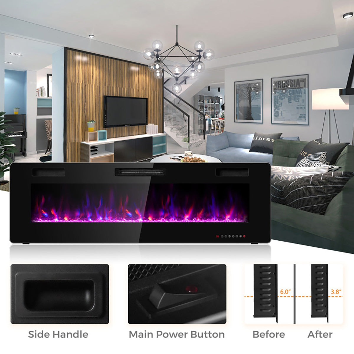60'' ultraflacher elektrischer Kamin zum Wandeinbau oder zur Wandmontage