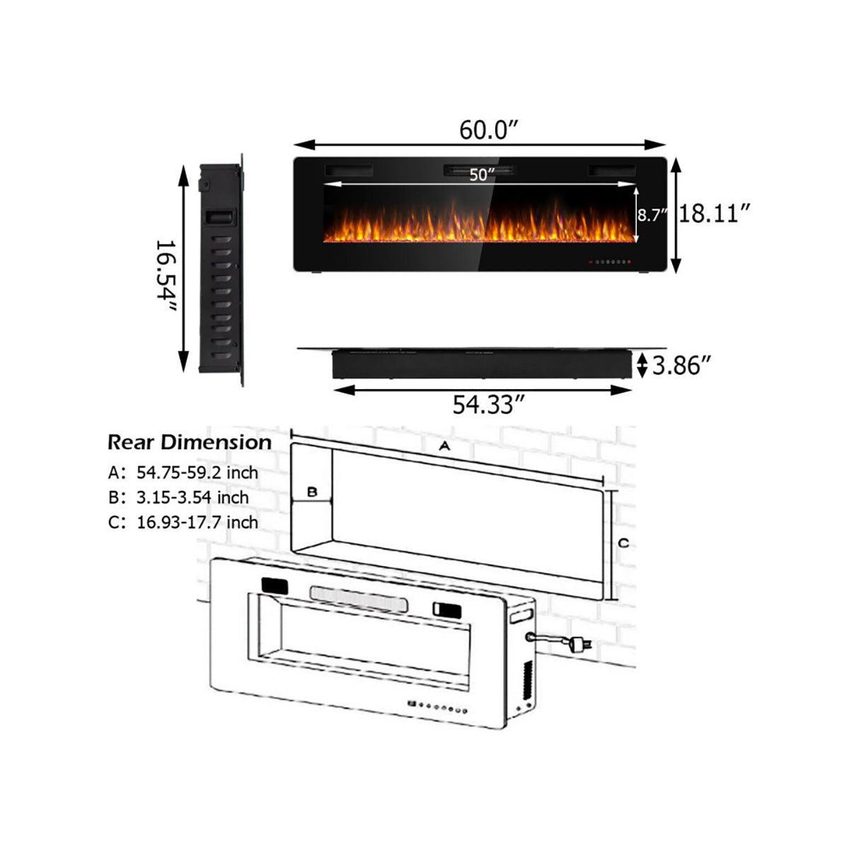 60'' ultraflacher elektrischer Kamin zum Wandeinbau oder zur Wandmontage