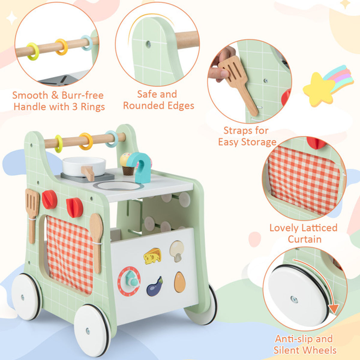 6-in-1 Lauflernwagen aus Holz mit Spielküche