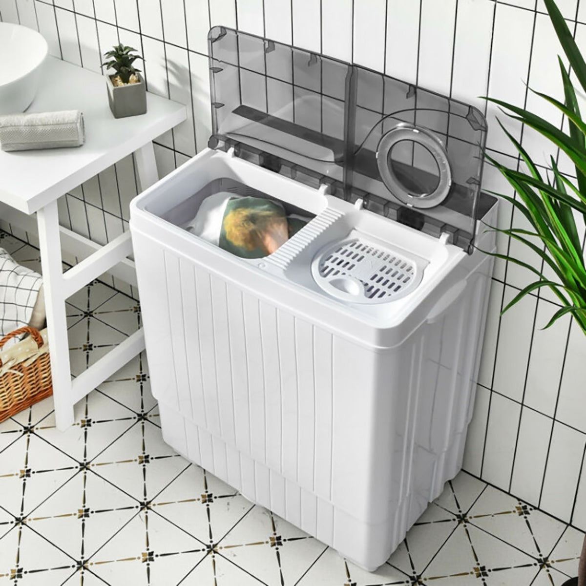 Tragbare halbautomatische Waschmaschine mit integrierter Ablaufpumpe