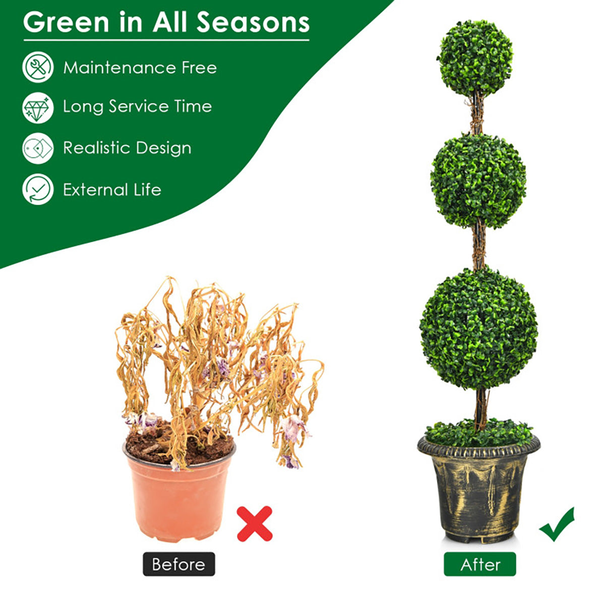 Árbol topiario artificial de tres bolas de 4 pies