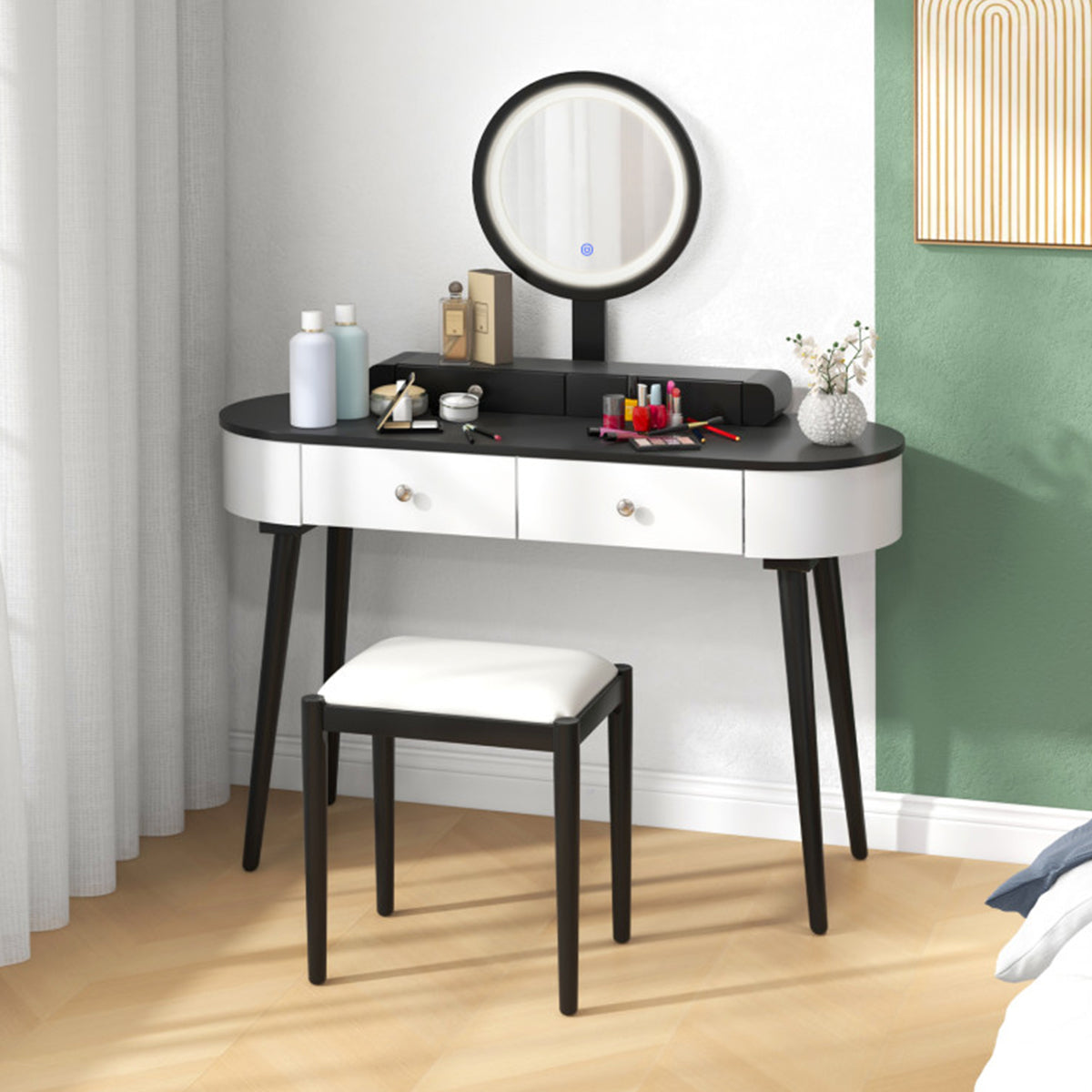 Schminktisch-Set mit Hocker und LED-Spiegel