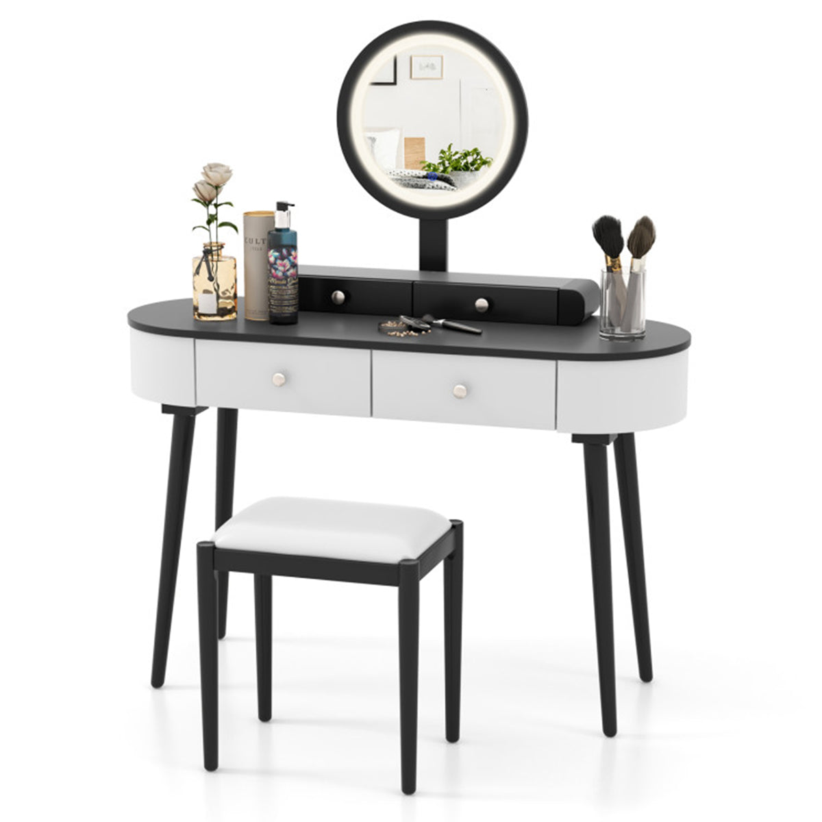 Schminktisch-Set mit Hocker und LED-Spiegel