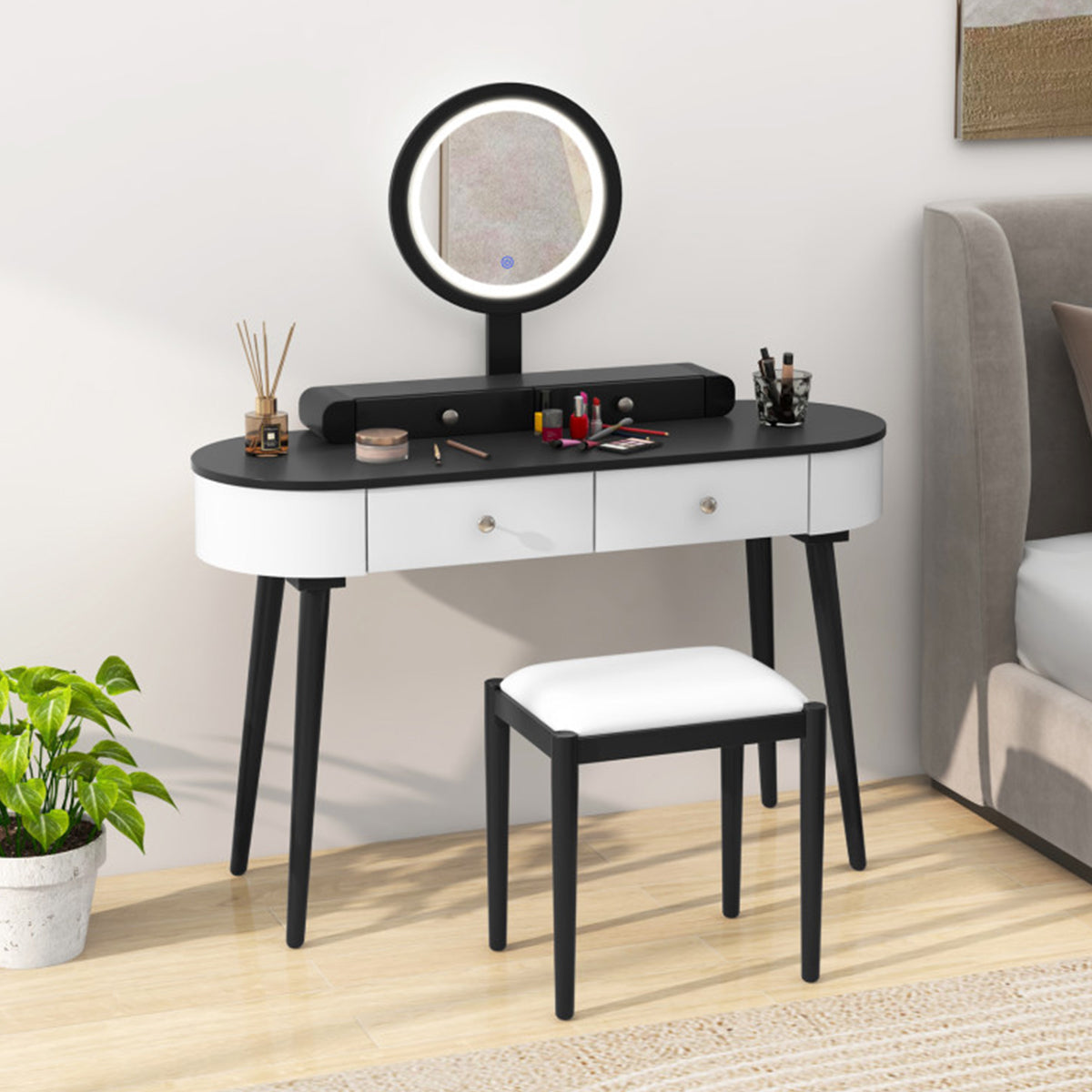 Schminktisch-Set mit Hocker und LED-Spiegel