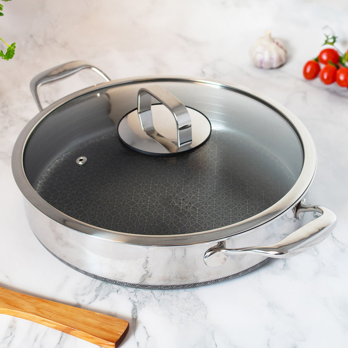 Sartén sauté híbrida antiadherente de acero inoxidable de 5 cuartos con tapa