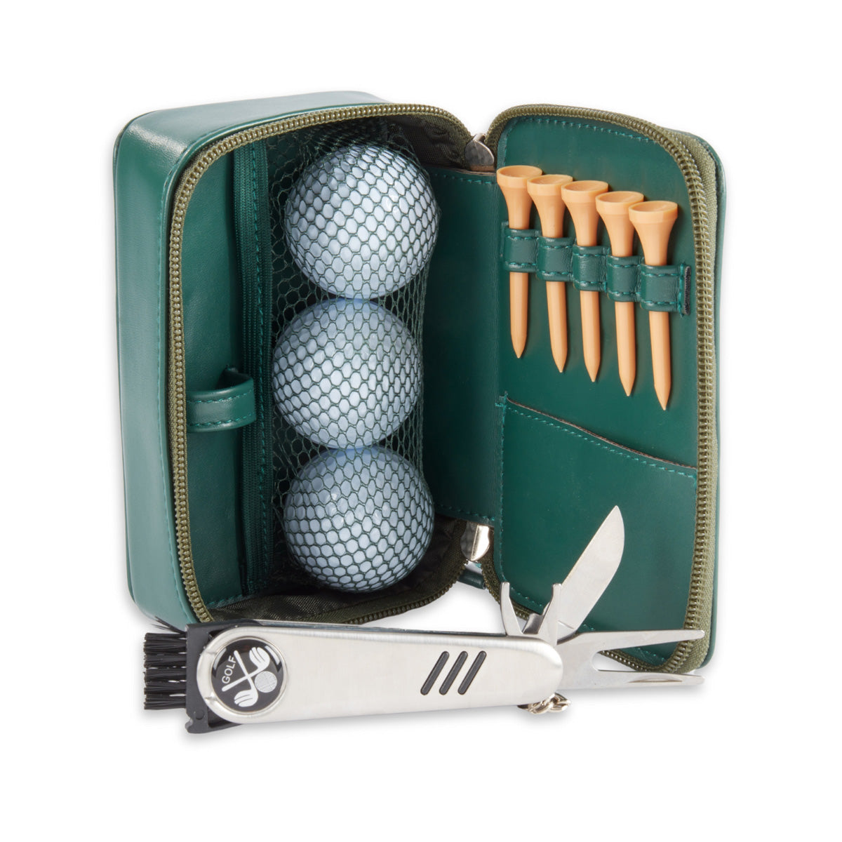 9-tlg. Golf-Reiseset aus grünem Leder mit Reißverschluss