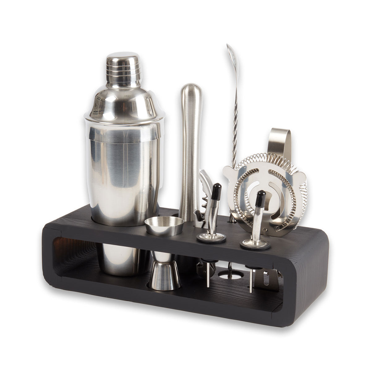 Set de bar de 9 piezas con coctelera y base de madera negra