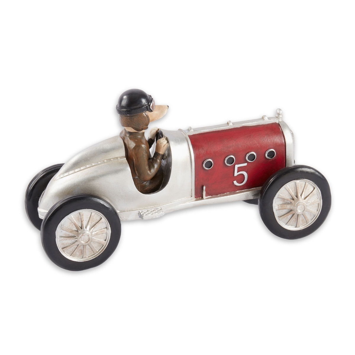 Figura coleccionable de perro de resina conduciendo un coche de carreras