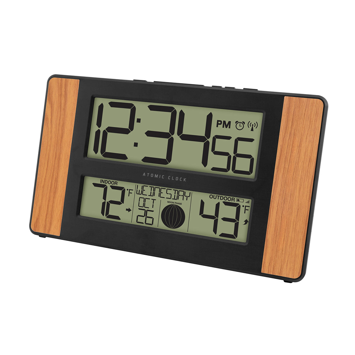 Atoomklok met digitale wandweergave, temperatuur en maanfase