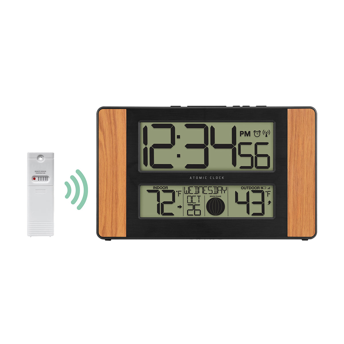 Atoomklok met digitale wandweergave, temperatuur en maanfase
