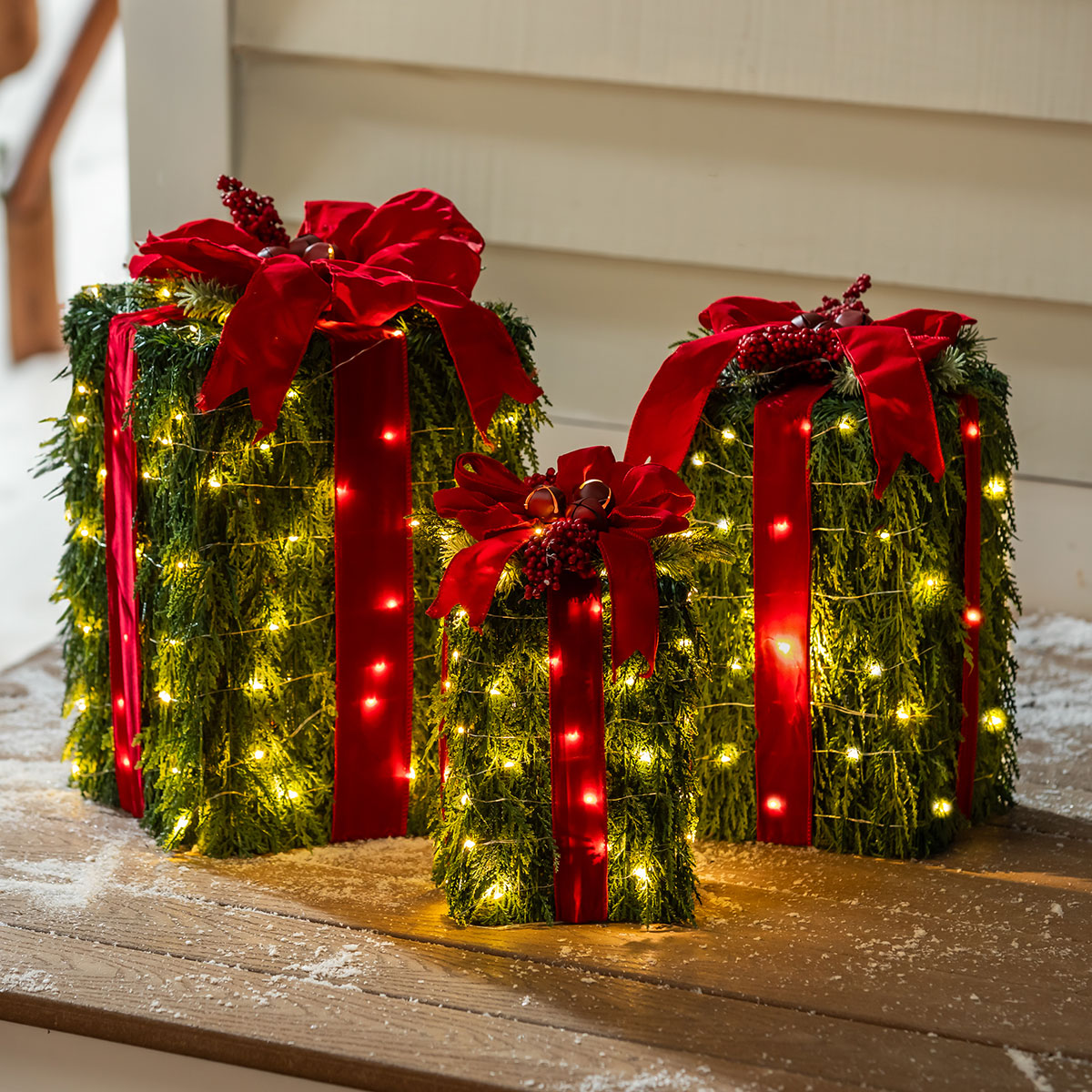 Verlichte kunstgroen-cadeaudozen (set van 3)