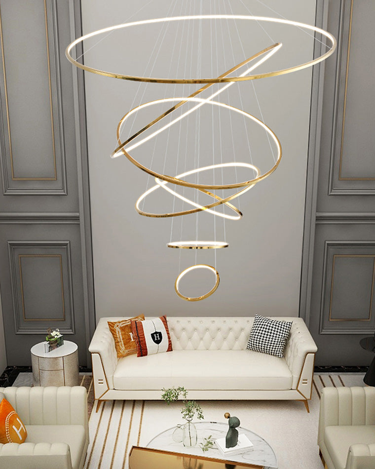 Multi-Tier Cascading LED Ring Fixture for Grand Entryways and Tall Staircases – Height-Adjustable Modern Statement Lighting with Remote Dimm