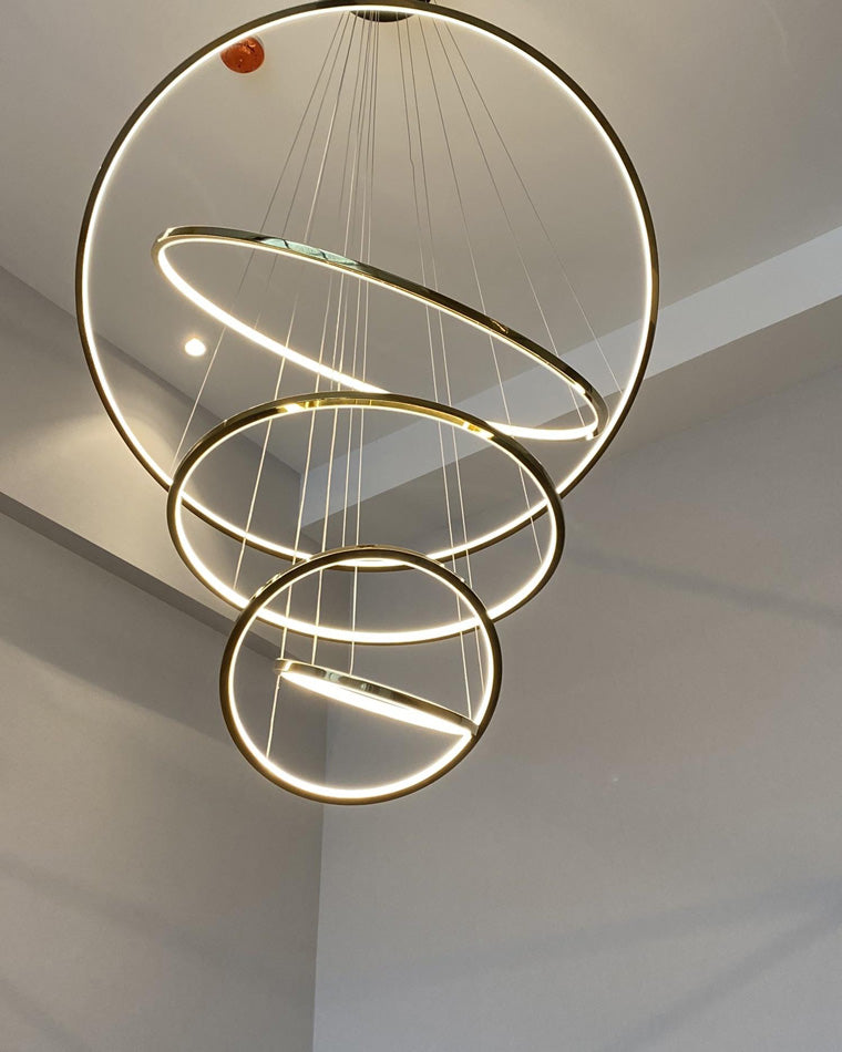 Multi-Tier Cascading LED Ring Fixture for Grand Entryways and Tall Staircases – Height-Adjustable Modern Statement Lighting with Remote Dimm