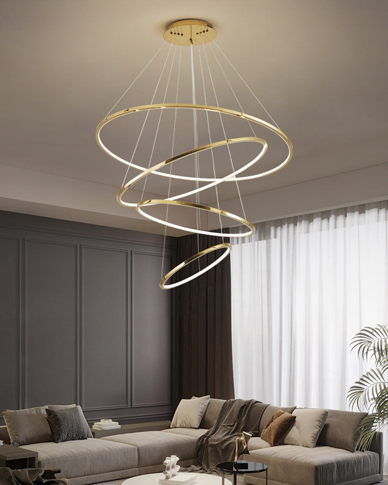 Multi-Tier Cascading LED Ring Fixture for Grand Entryways and Tall Staircases – Height-Adjustable Modern Statement Lighting with Remote Dimm