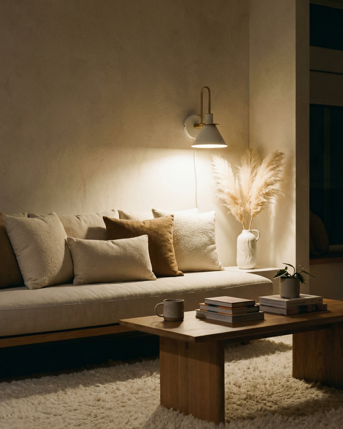 Aplique de pared de travertino y madera con luz LED blanco cálido para dormitorio, sala de estar y pasillo, iluminación de acento en piedra minimalista moderna | Thomler