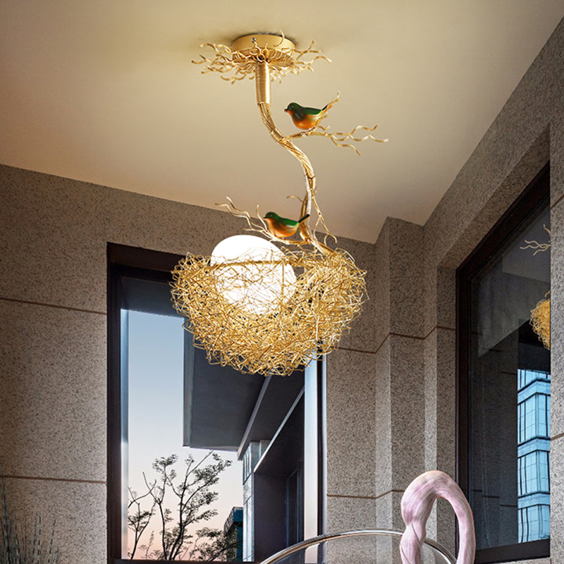 Bird Nest Pendant Light Fixture with Milky White Globe Shades | Hand-Crafted Metal Art Deco Chandelier for Dining Room, Kitchen Island