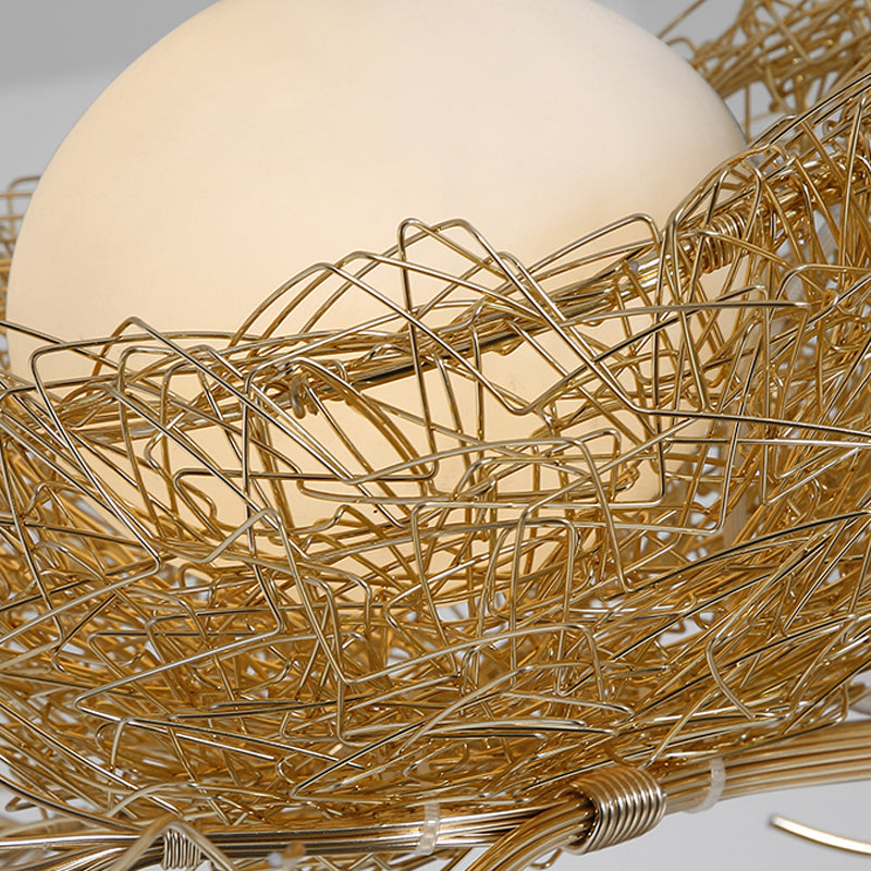 Bird Nest Pendant Light Fixture with Milky White Globe Shades | Hand-Crafted Metal Art Deco Chandelier for Dining Room, Kitchen Island