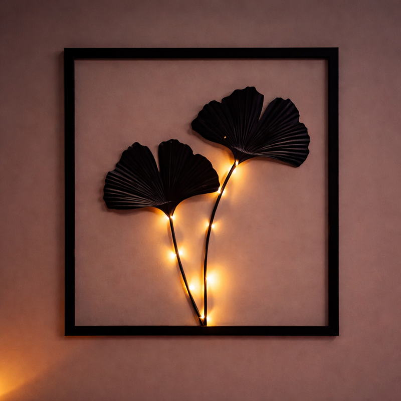 Battery-Powered LED Leaf Frame Light Set for Home Decor 3-Piece Black Metal Botanical Display for Shelves Tables Nightstand Ambiance