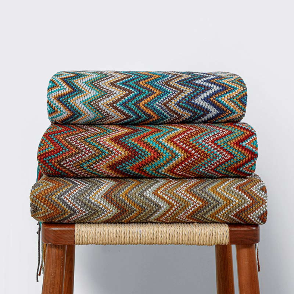 Chevron Knit Throw Blanket with Fringe Trim – Lightweight Acrylic for Year-Round Comfort