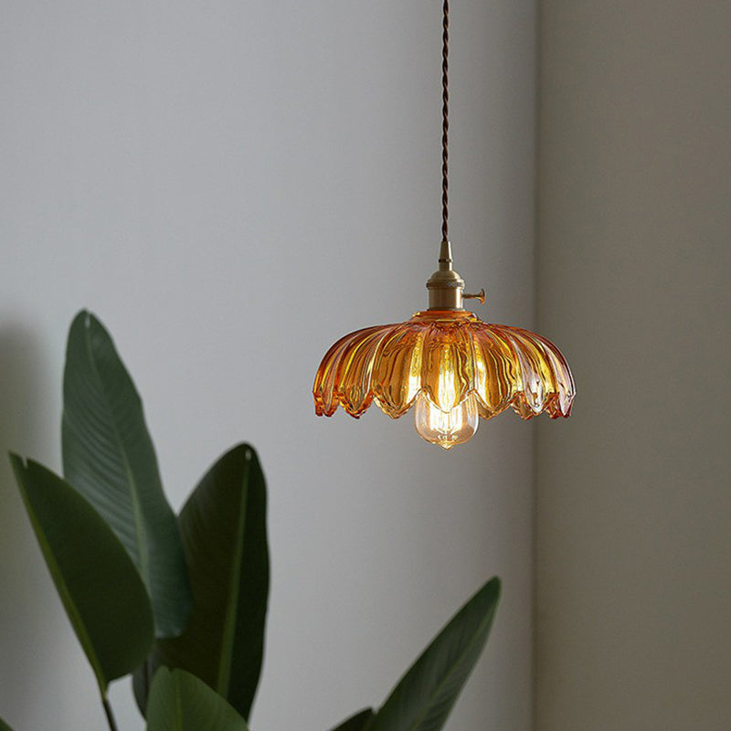 Glass Flower Pendant Light 10 Inch Industrial Hanging Fixture Clear Tan Single Bulb Dining Kitchen Living Room Ceiling Lamp E26