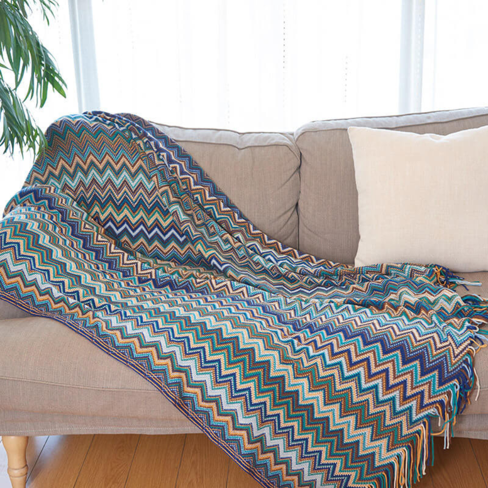 Chevron Knit Throw Blanket with Fringe Trim – Lightweight Acrylic for Year-Round Comfort