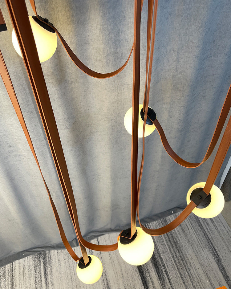 Leather Hanging Lamp with Glass Shade 6-Inch Brown Fixture for Kitchen Island Dining Table Multi-Light Ceiling Suspension for Modern Contemp | Thomler