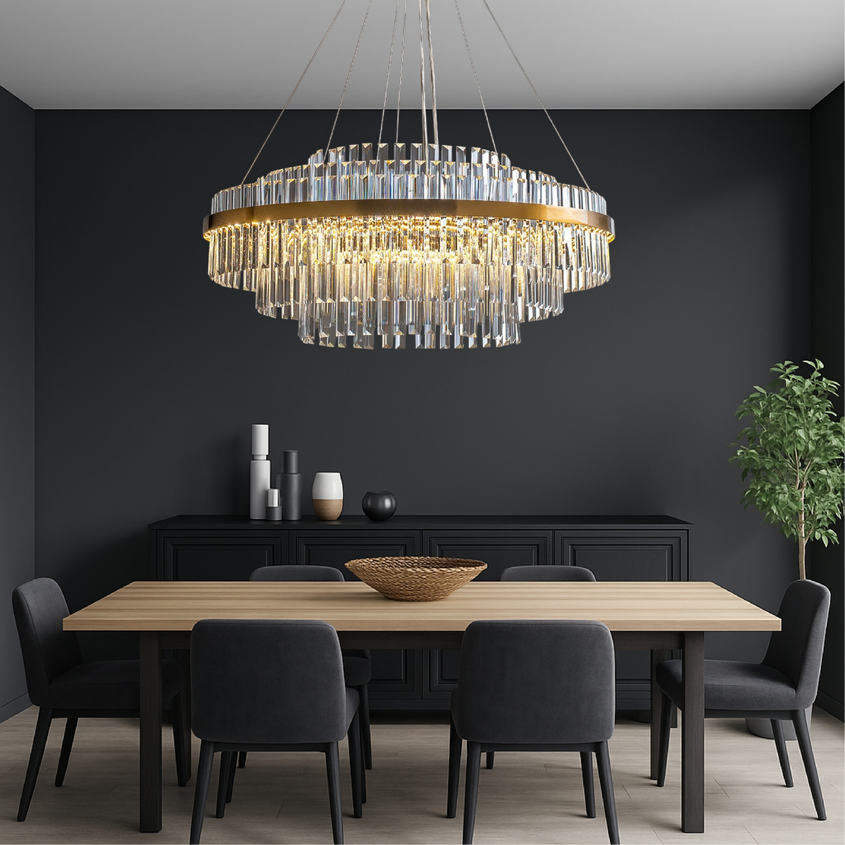 Kristall-Kronleuchter rund rechteckig LED warmweiß höhenverstellbar goldfarbenes Metall Esstisch Deckenleuchte modern für Wohnzimmer | Thomler