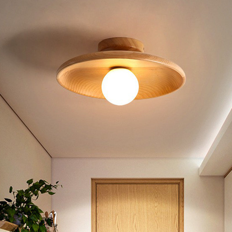Wood Grain Semi-Flush Ceiling Light for Hallway and Entryway, Single Bulb Bowl Fixture for Low Ceilings, Modern Farmhouse Style, 11-Inch