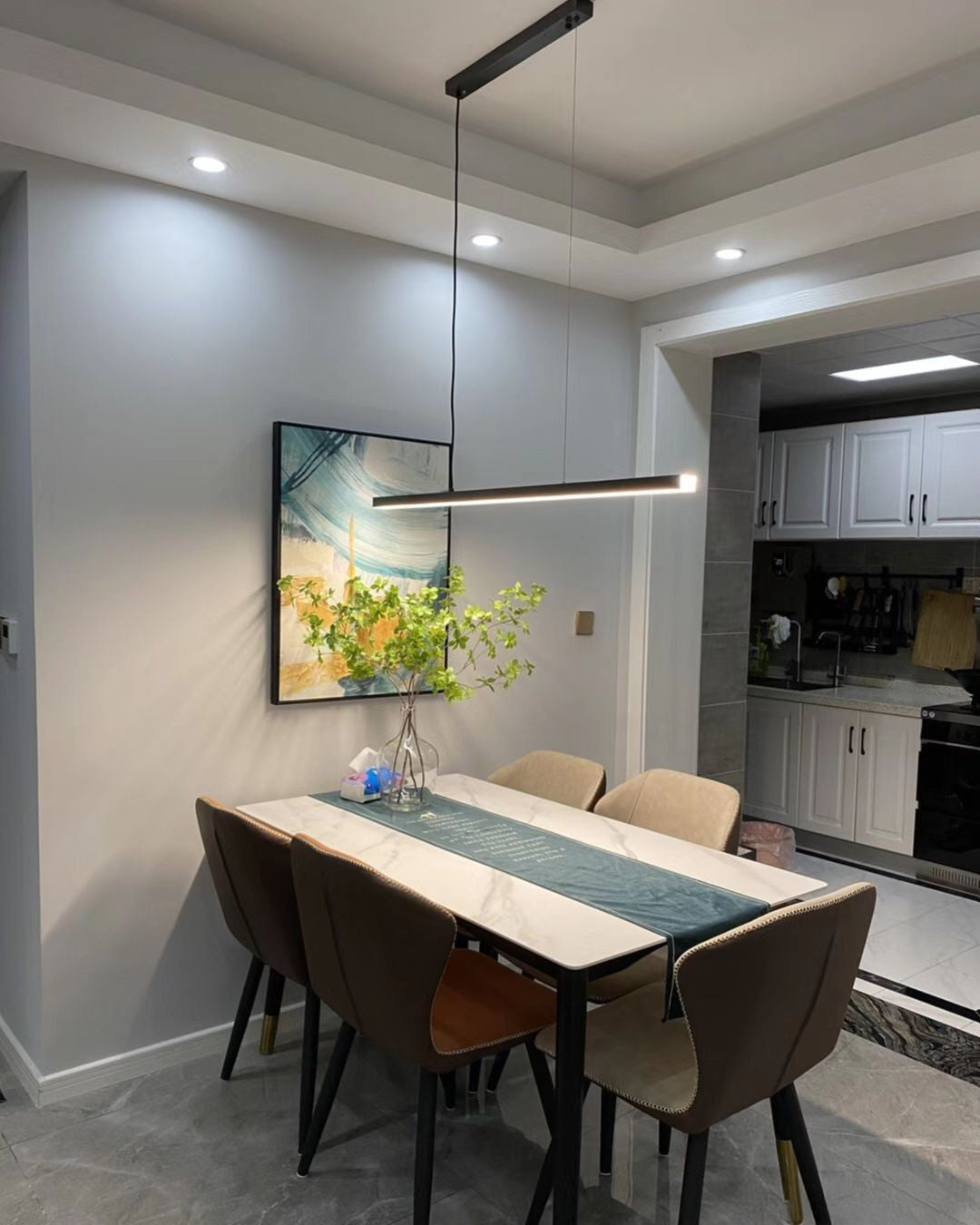 Suspended LED Strip Fixture for Countertop Islands – Dimmable Metal Bar Light with Remote in Matte or Gloss White – 39 to 102 in Adjustable