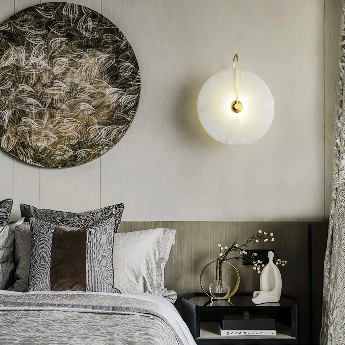 Alabaster Disc Sconce with Gold Arm – Natural Stone Wall Light for Bedroom, Living Room & Hallway – Integrated LED 6 to 12 Inch – Warm White | Thomler