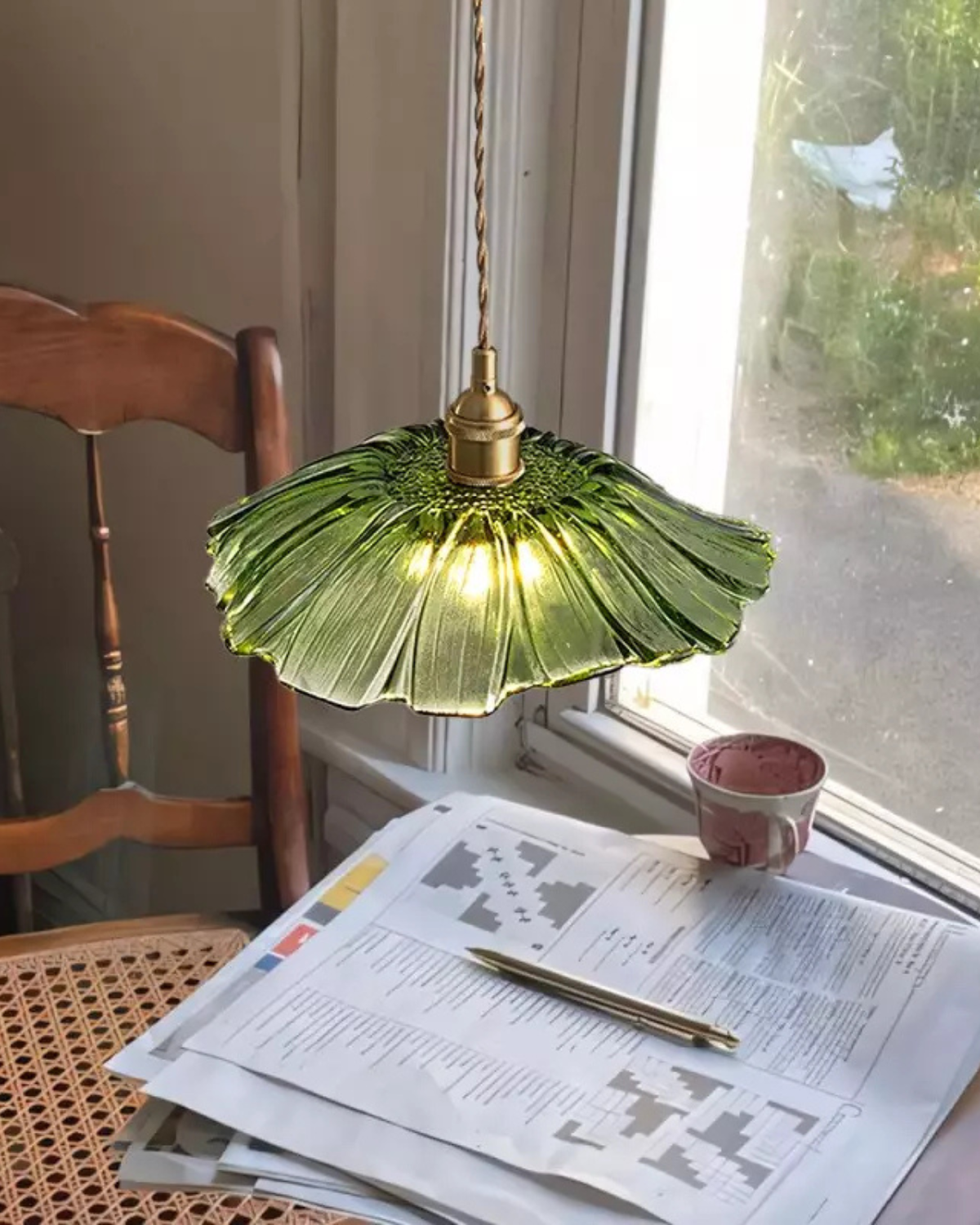 Glass Pendant Light with Brass Socket and Organic Petal Shape for Dining Room and Living Space | Thomler