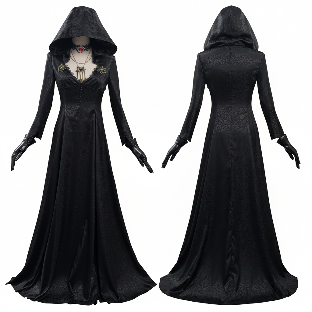 Gothic Vampire Costume Set for Women with Gown, Coat, Choker & Tattoos