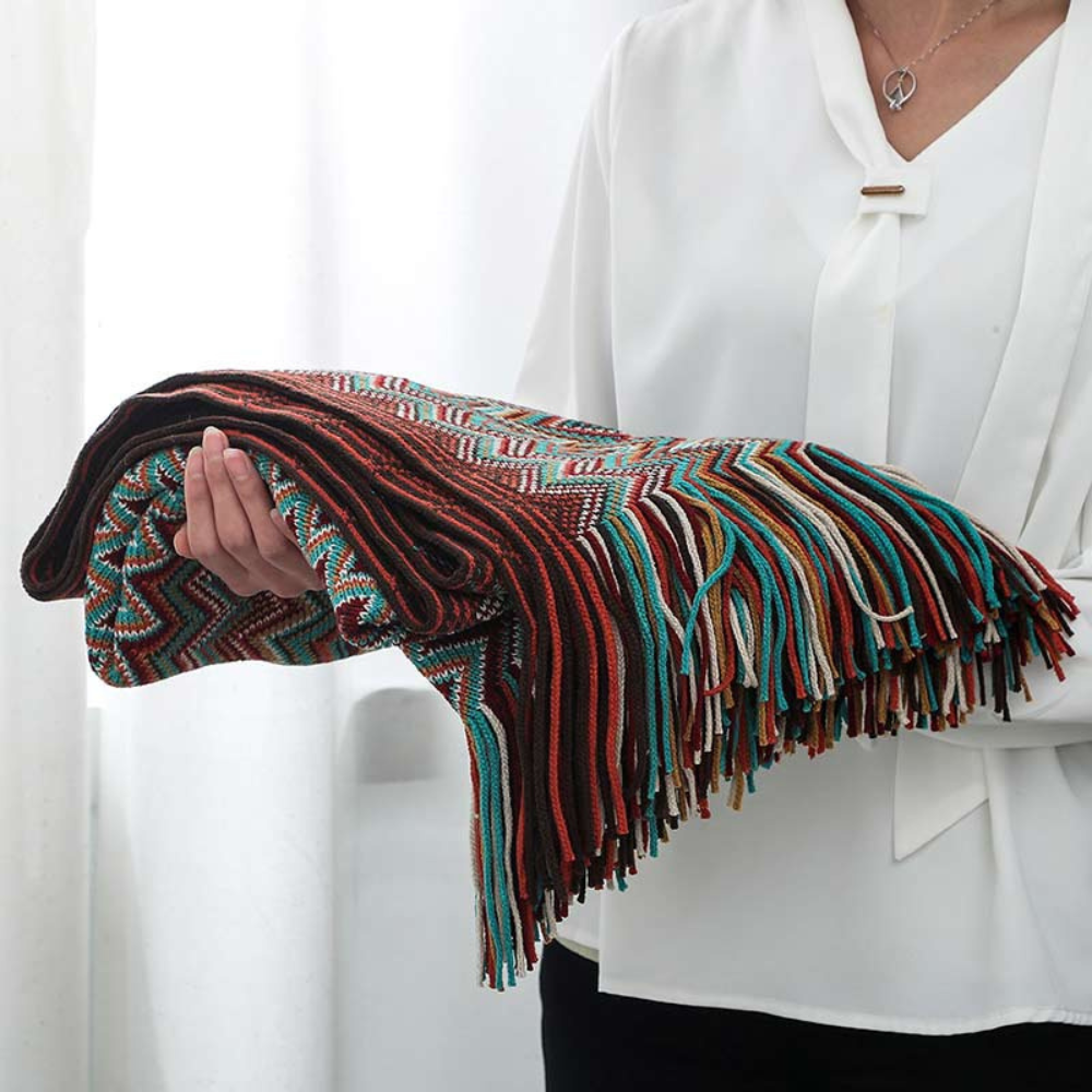 Chevron Knit Throw Blanket with Fringe Trim – Lightweight Acrylic for Year-Round Comfort