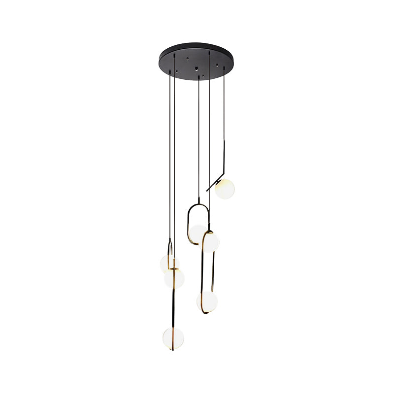 Multi-Globe Glass Pendant Chandelier – Modern Stairwell Lighting Fixture, Black Metal Frame, 5-6 Lights for Entryway Living Room Dining